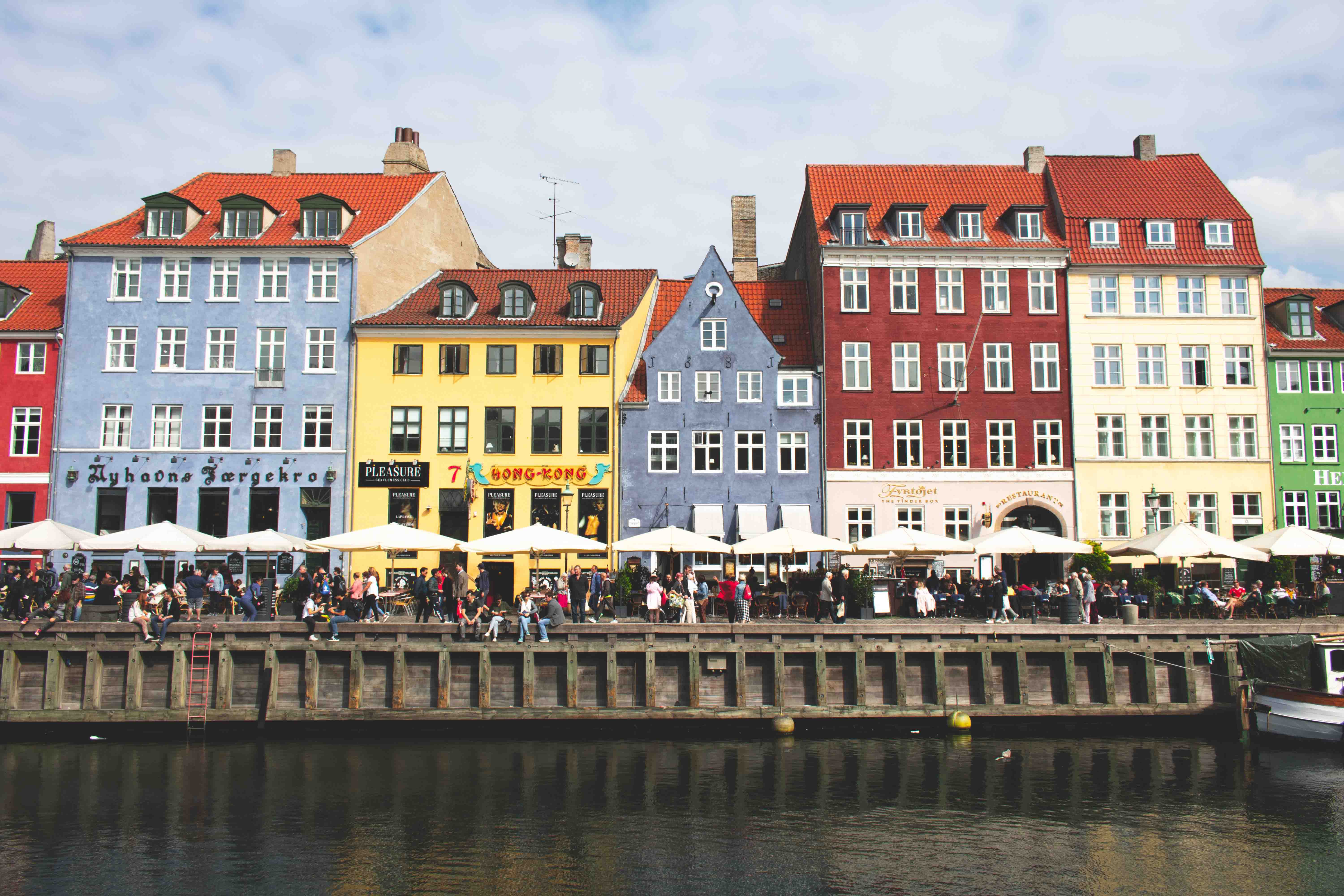 Nyhavn from the water. A lot of people are strolling past the colourful buildings.
