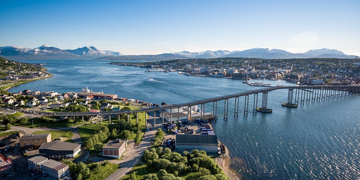 Tromsø bridge seen form above on a clear summer day