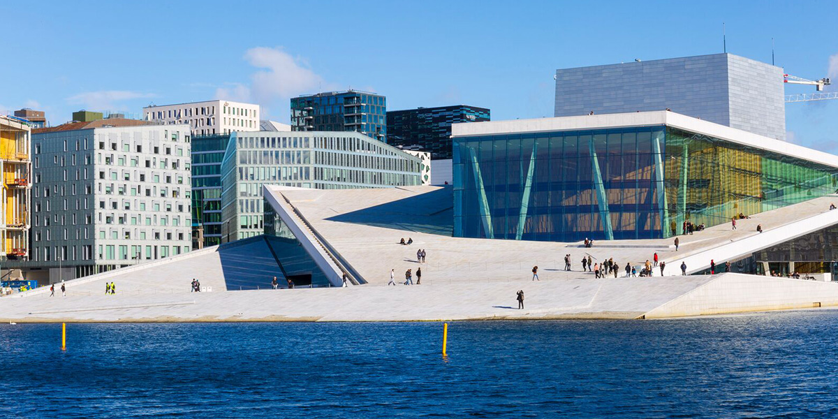 Oslo opera house seen from the harbour promenade