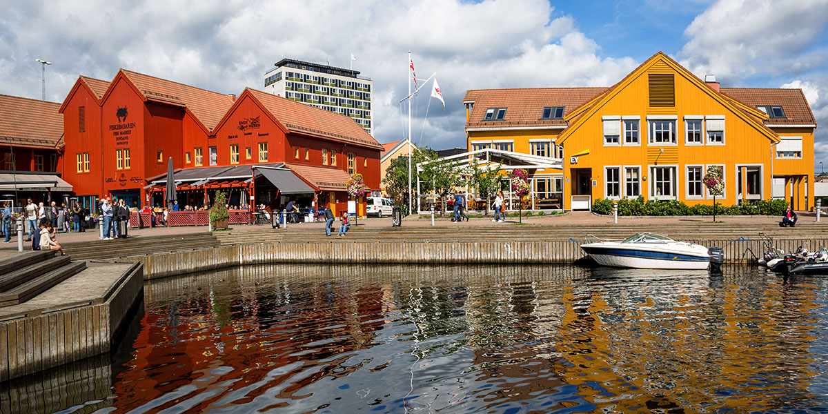 røde og gule bygninger på en mole nede ved vandet