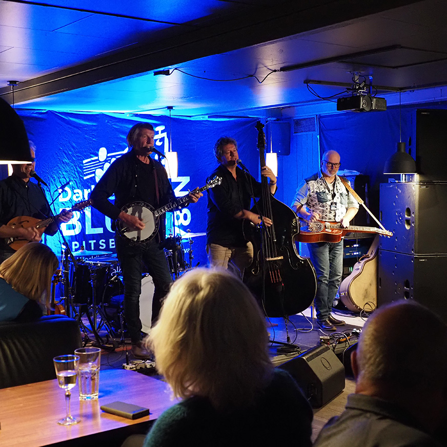 Et band spiller konsert på en scene