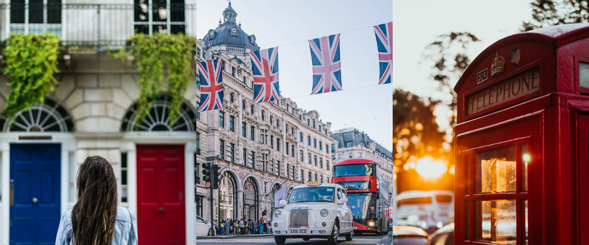 Sammensetning av typiske ting for London som telefnonkiosk, fargerike dører og london cabs
